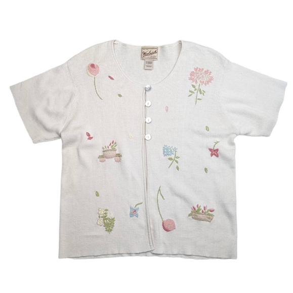 Woolrich Beige Floral Embroidery Short Sleeve Knit Cardigan - Picture 2 of 4